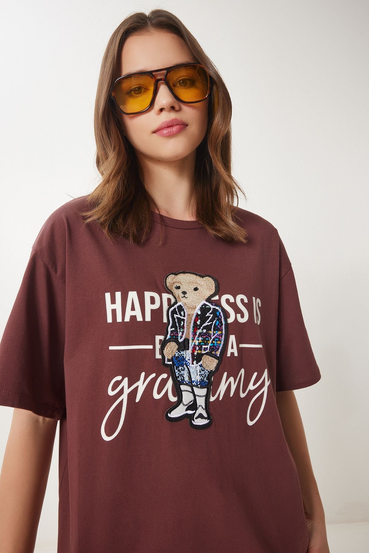 Kahverengi Ayıcık Armalı Pamuklu Oversize Örme T-Shirt CR00461