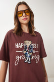 Kahverengi Ayıcık Armalı Pamuklu Oversize Örme T-Shirt CR00461