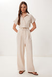 Krem Keten Crop Gömlek Pantolon Takım BV00149