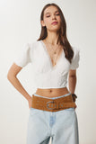 Beyaz Balon Kollu Crop Örme Bluz ZV00278