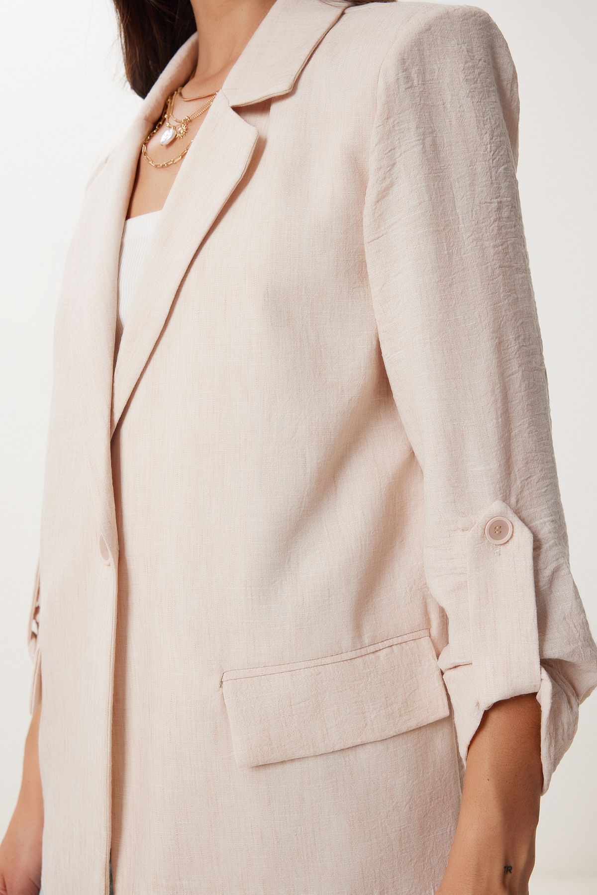 Bej Vatkalı Keten Blazer Ceket XL00003