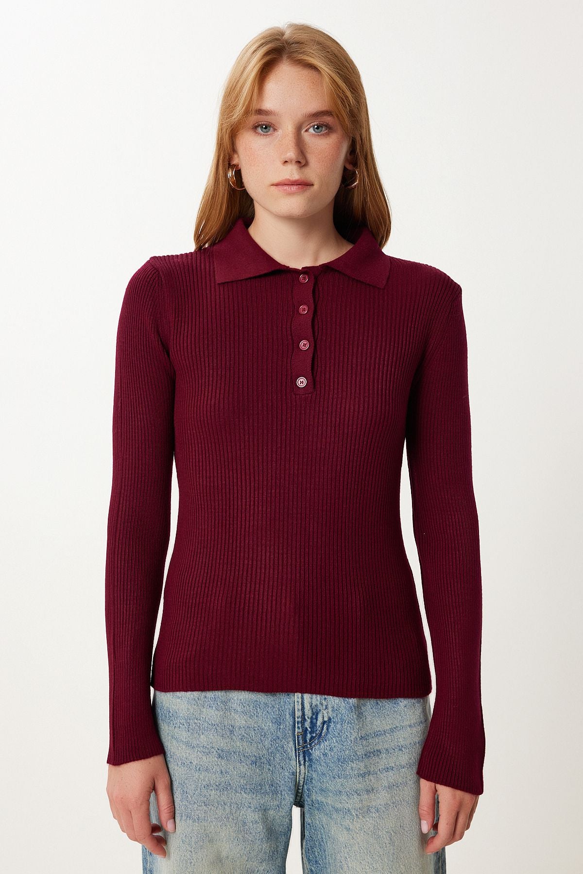 Bordo Polo Yaka Fitilli Örme Triko Kazak PF00119