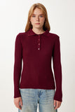 Bordo Polo Yaka Fitilli Örme Triko Kazak PF00119