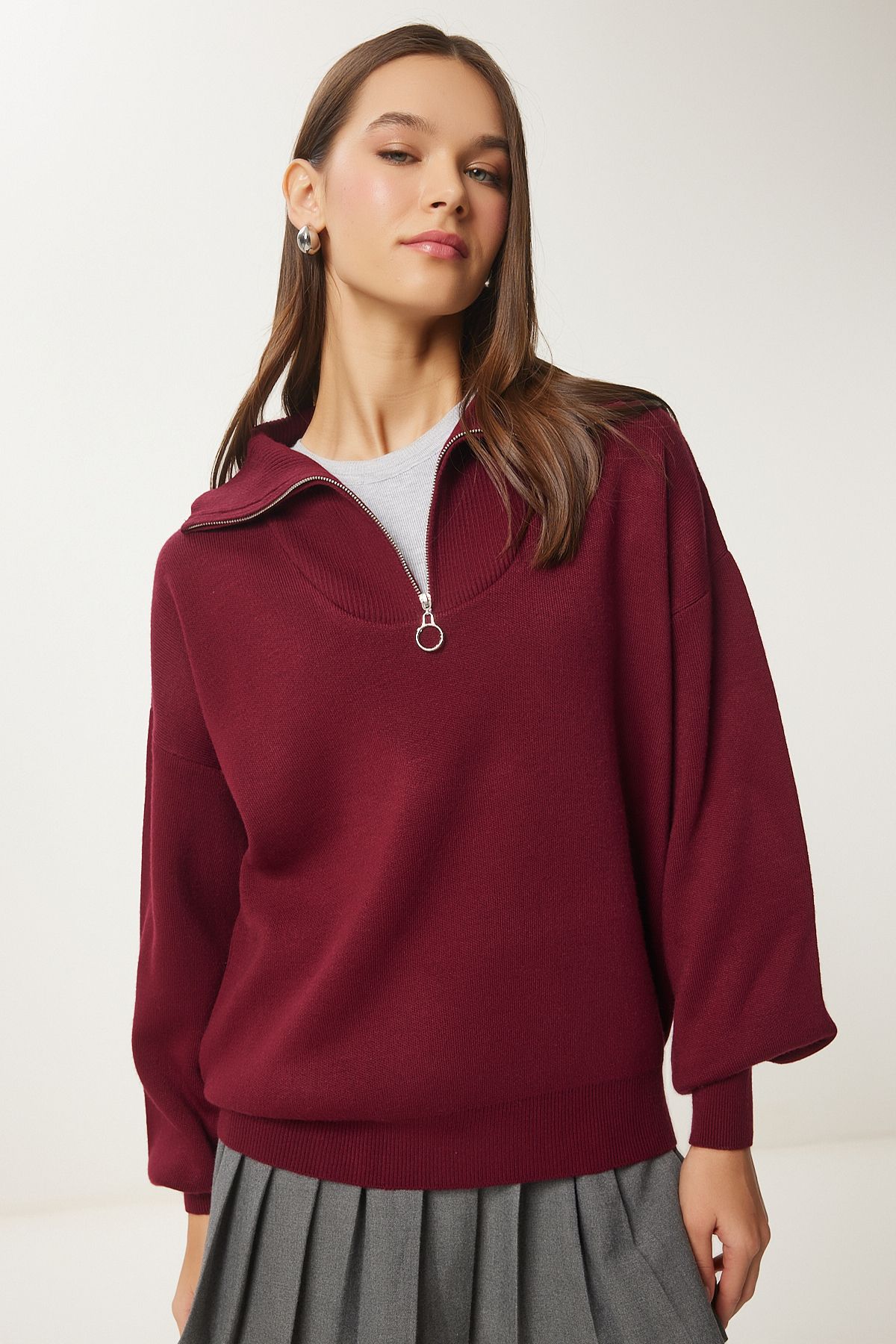 Bordo Fermuarlı Yaka Basic Triko Kazak PF00007