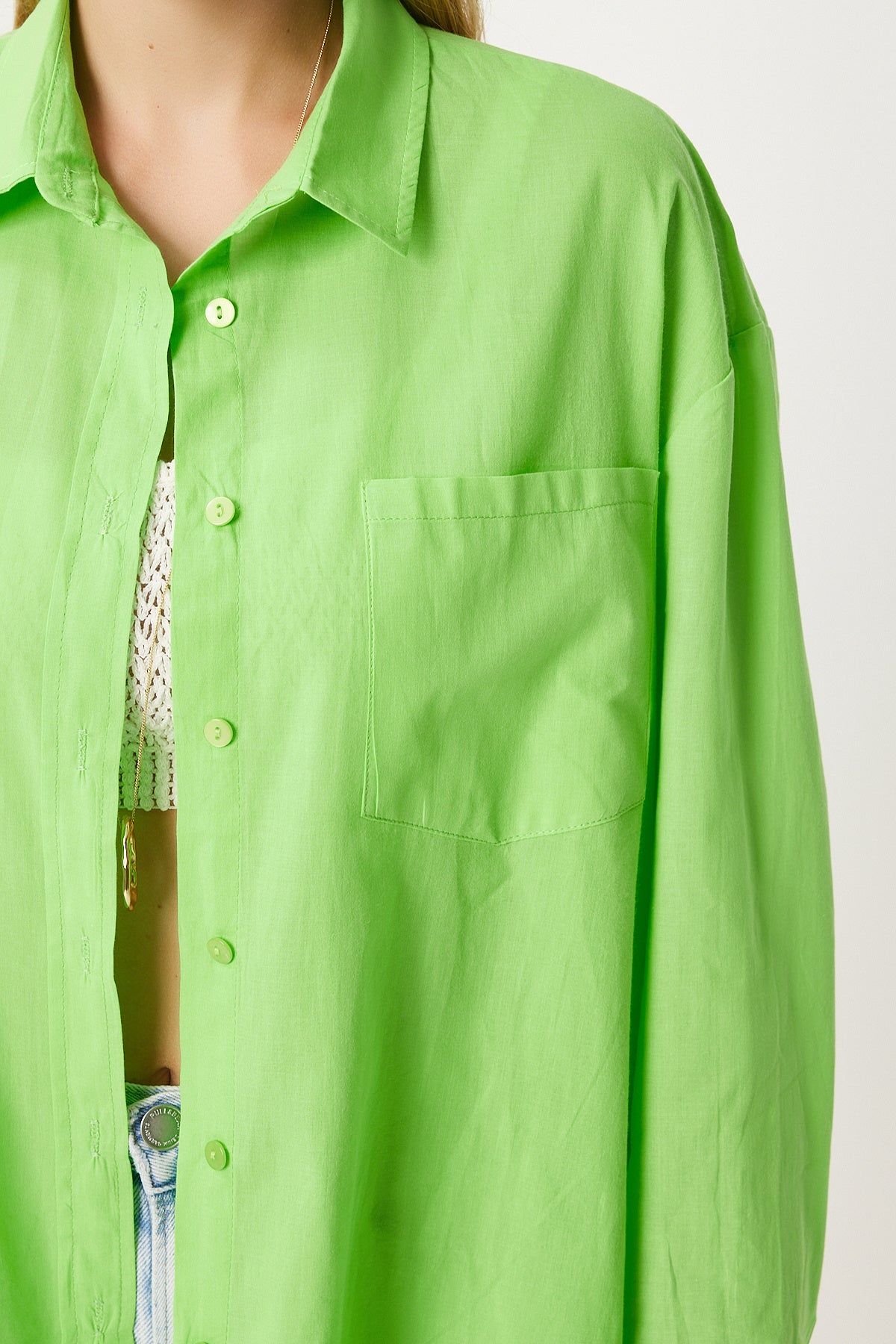Canlı Yeşil Tek Cepli Yazlık Oversize Vual Gömlek FN03244