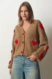 Taba Çilek Motifli Oversize Triko Hırka PF00008