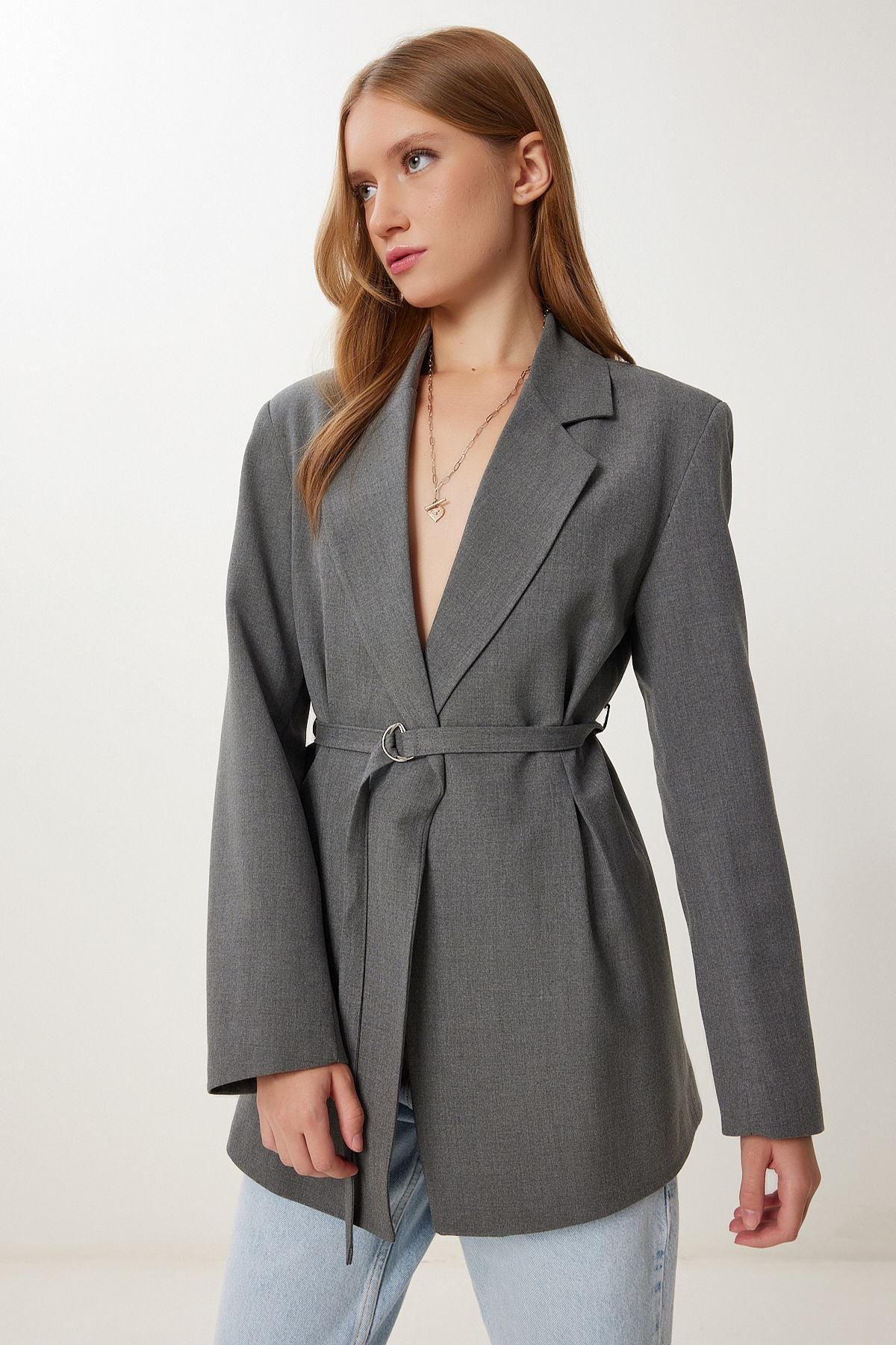 Gri Vatkalı Kemerli Blazer Dokuma Ceket KT00023