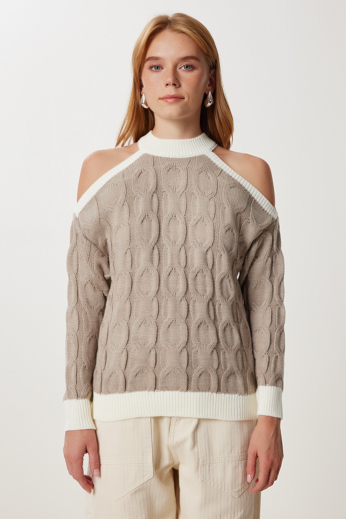 Vizon Ekru Cut Out Detaylı Kontrast Triko Kazak Kİ00165