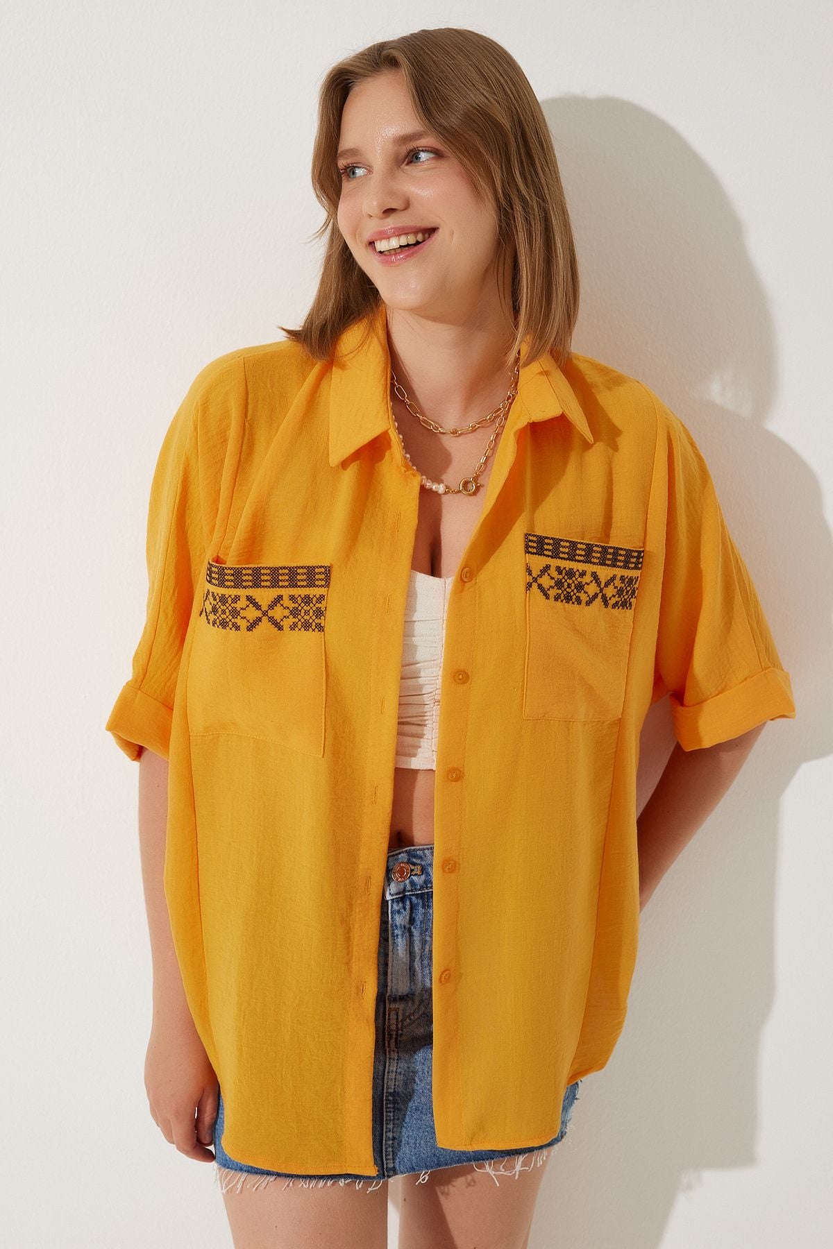 Oranj Nakışlı Cepli Oversize Keten Ayrobin Gömlek RG00031