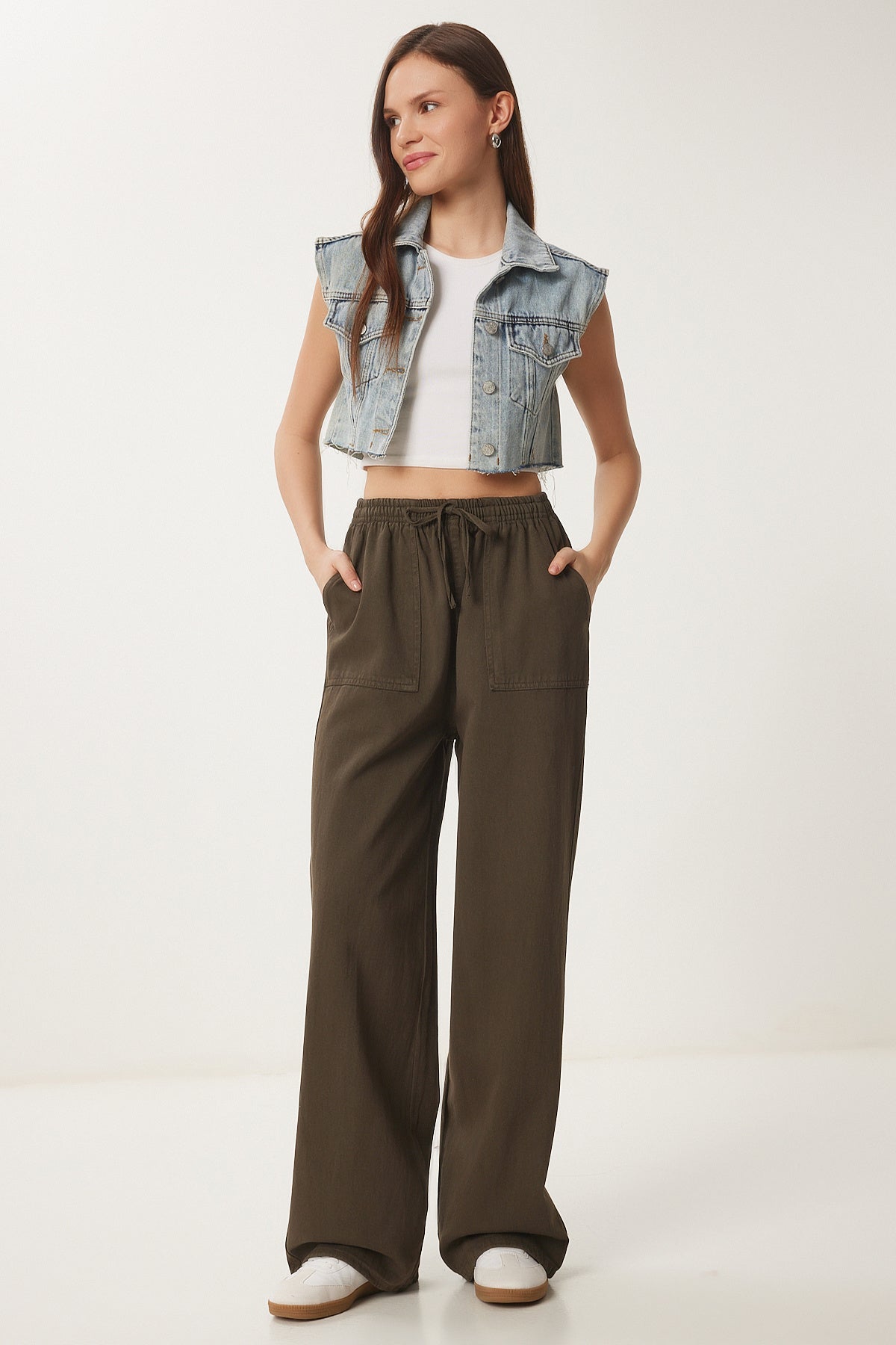 Koyu Haki Soluk Efektli Geniş Paça Denim Palazzo Pantolon MX00179