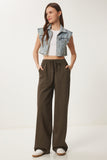 Koyu Haki Soluk Efektli Geniş Paça Denim Palazzo Pantolon MX00179