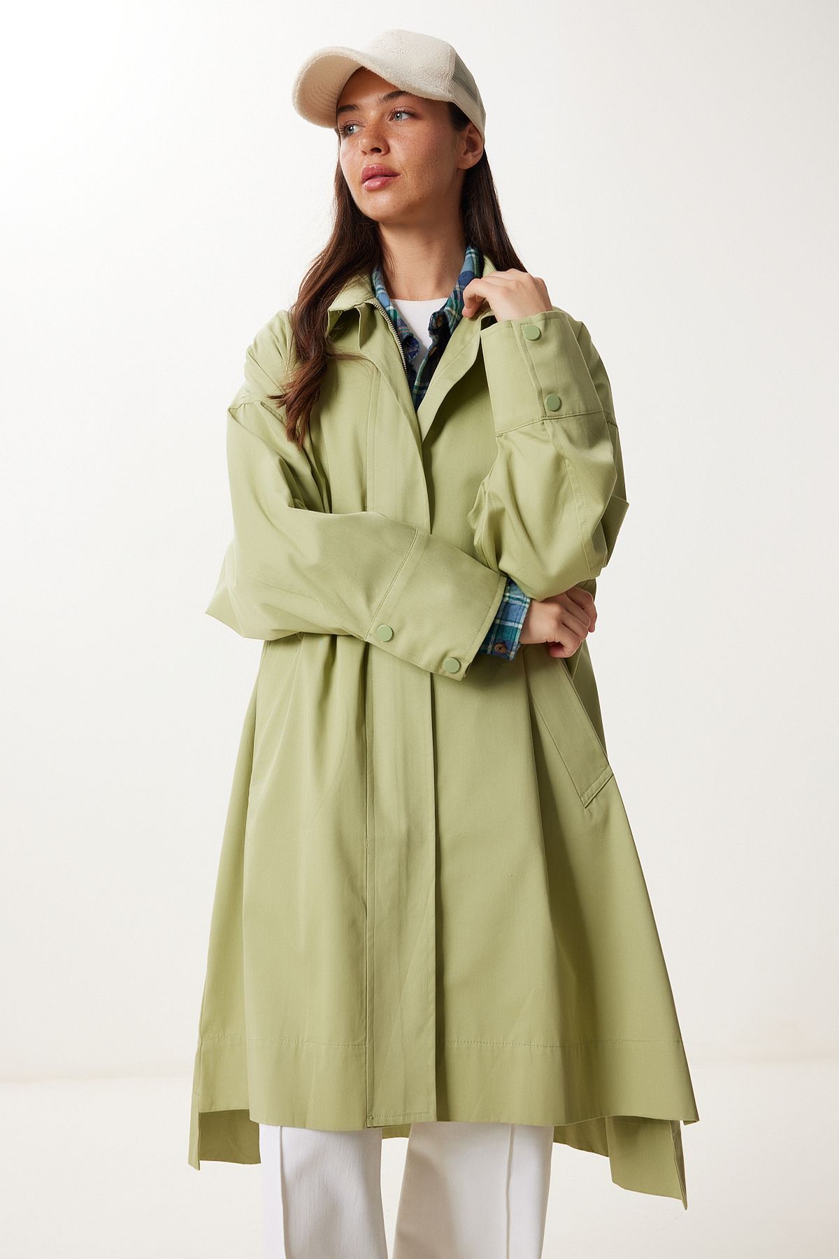 Çağla Yeşili Fermuarlı Oversize Dokuma Trençkot FG00052