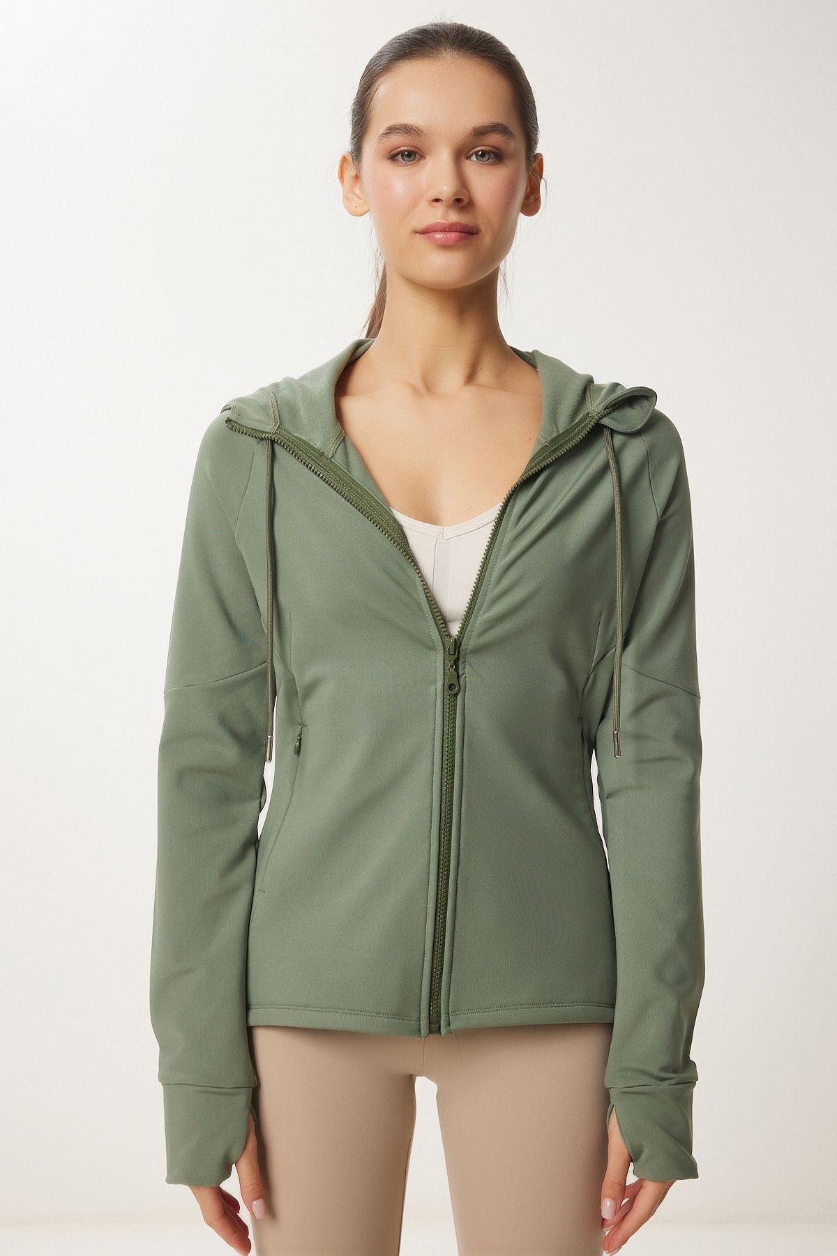 Haki Parmak Detaylı Kapüşonlu Fermuarlı Örme Sweatshirt VX00007