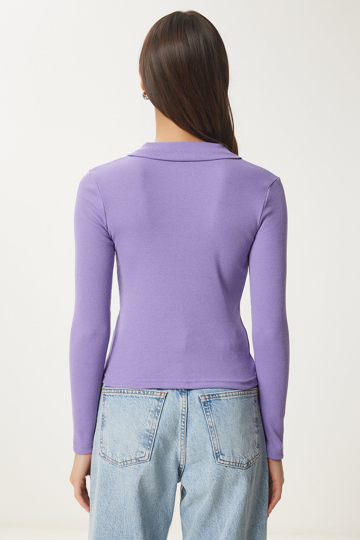 Lila Beyaz 2'li Polo Yaka Fitilli Örme Bluz GT00232