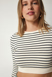 Krem Çizgili Crop Triko Kazak PF00030