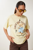 Sarı Baskılı Oversize Pamuklu Örme T-Shirt CR00508