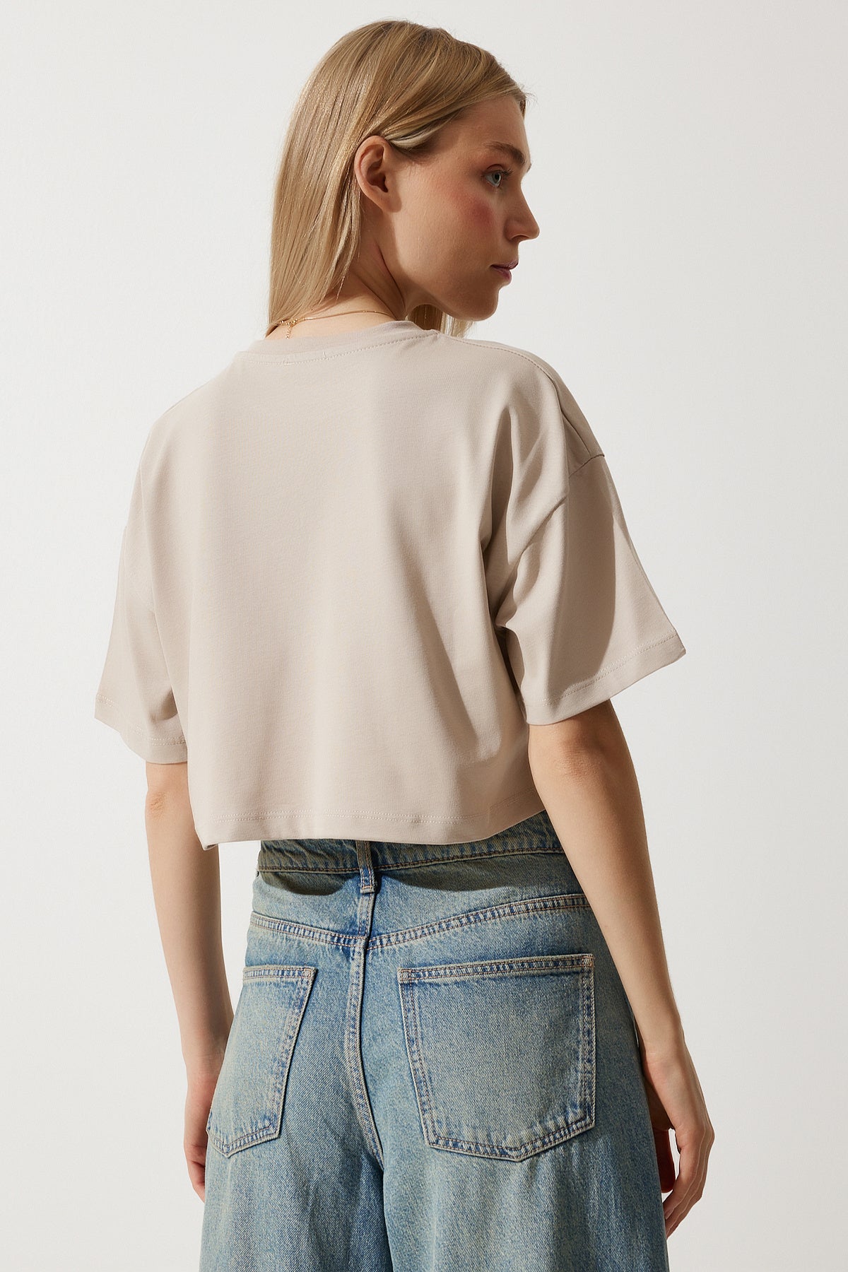 Bej %100 Pamuk Oversize Crop Örme T-Shirt BP00164