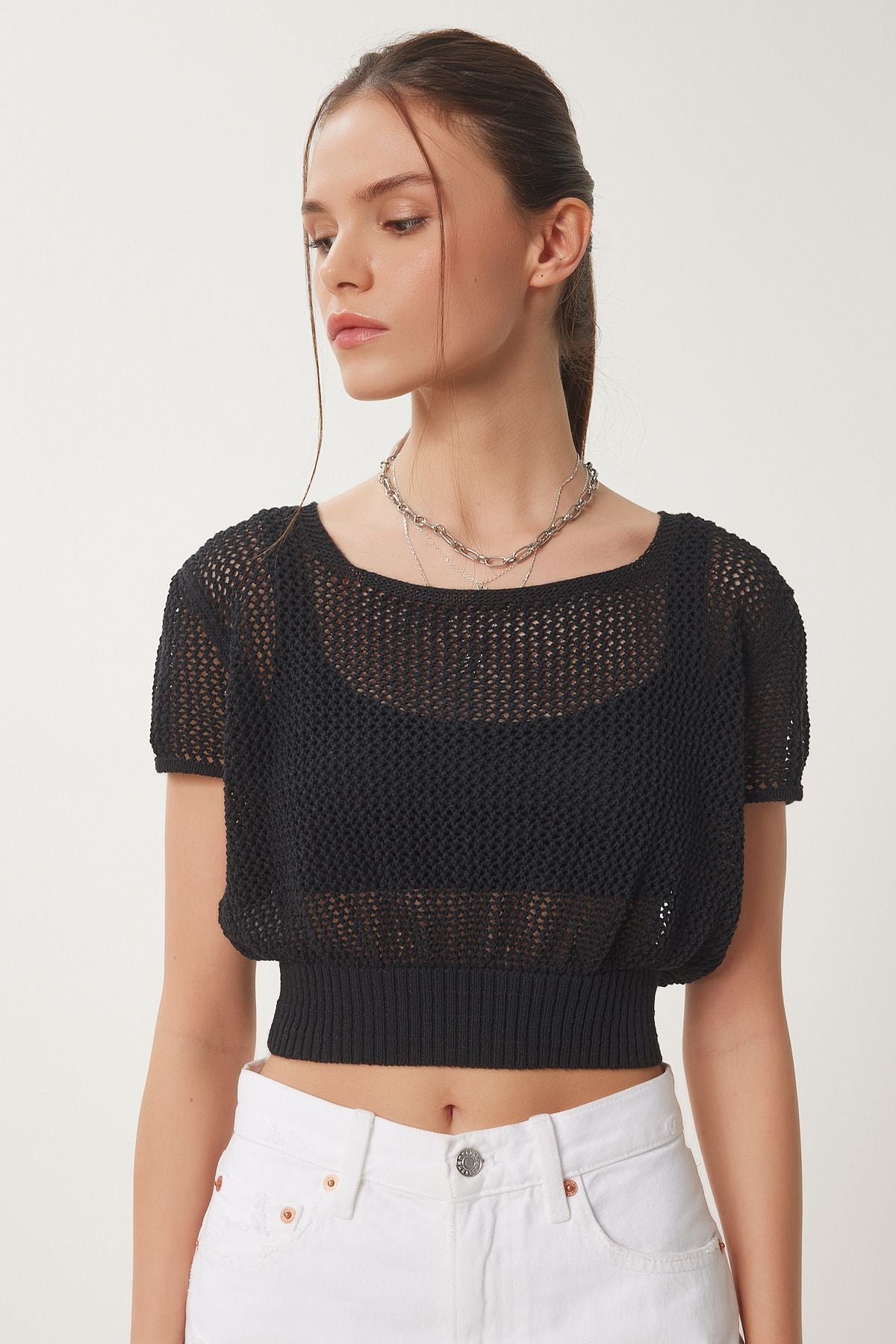 Siyah Ajurlu Yazlık Crop Triko Bluz ZA00076