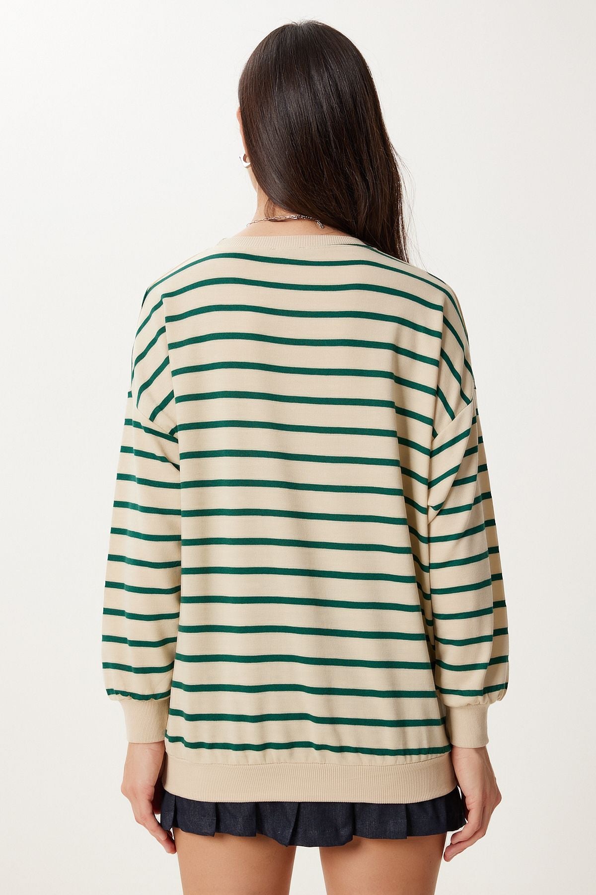 Krem Yeşil Çizgili Oversize Örme Sweatshirt ZV00339
