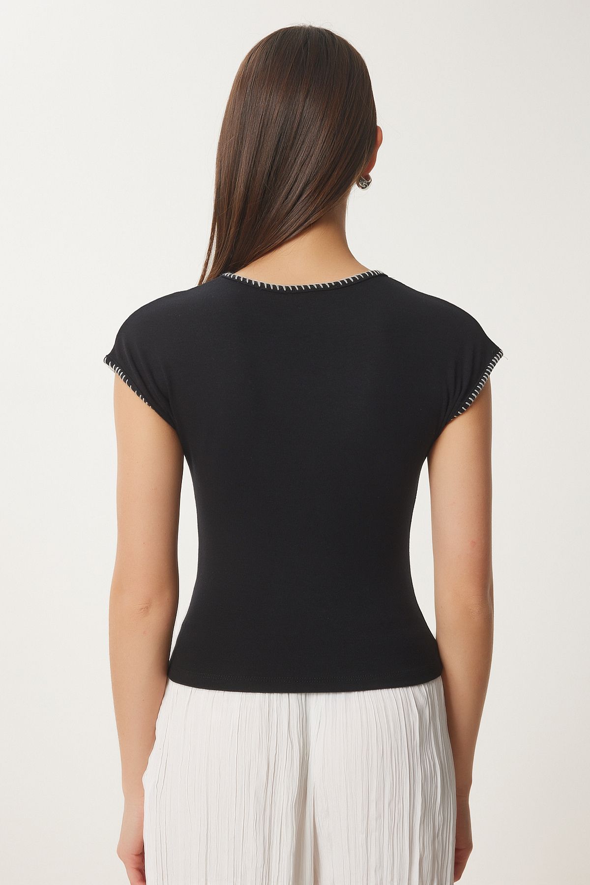 Siyah Kontrast Şeritli Örme Bluz FW00006