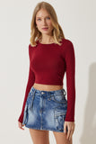 Bordo Bisiklet Yaka Basic Crop Örme Bluz OW00034