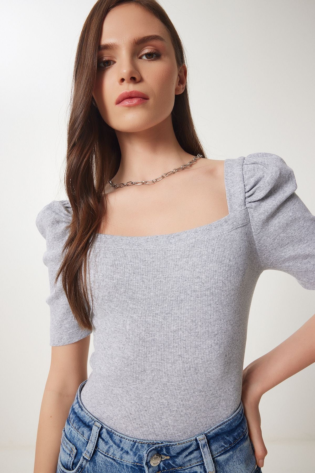 Gri Melanj Kare  Yaka Fitilli Crop Bluz GT00007