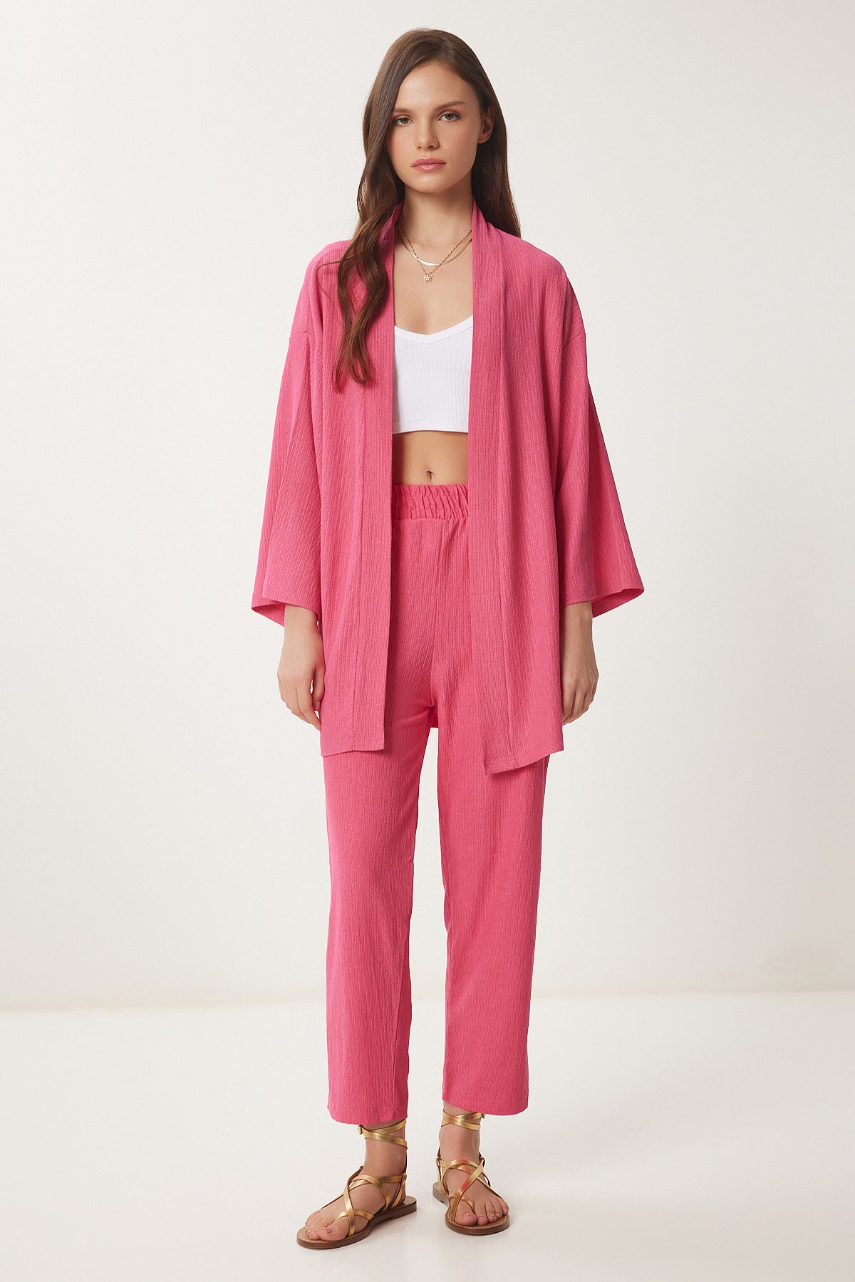 Koyu Pembe Kimono Pantolon Örme Takımı BY00050