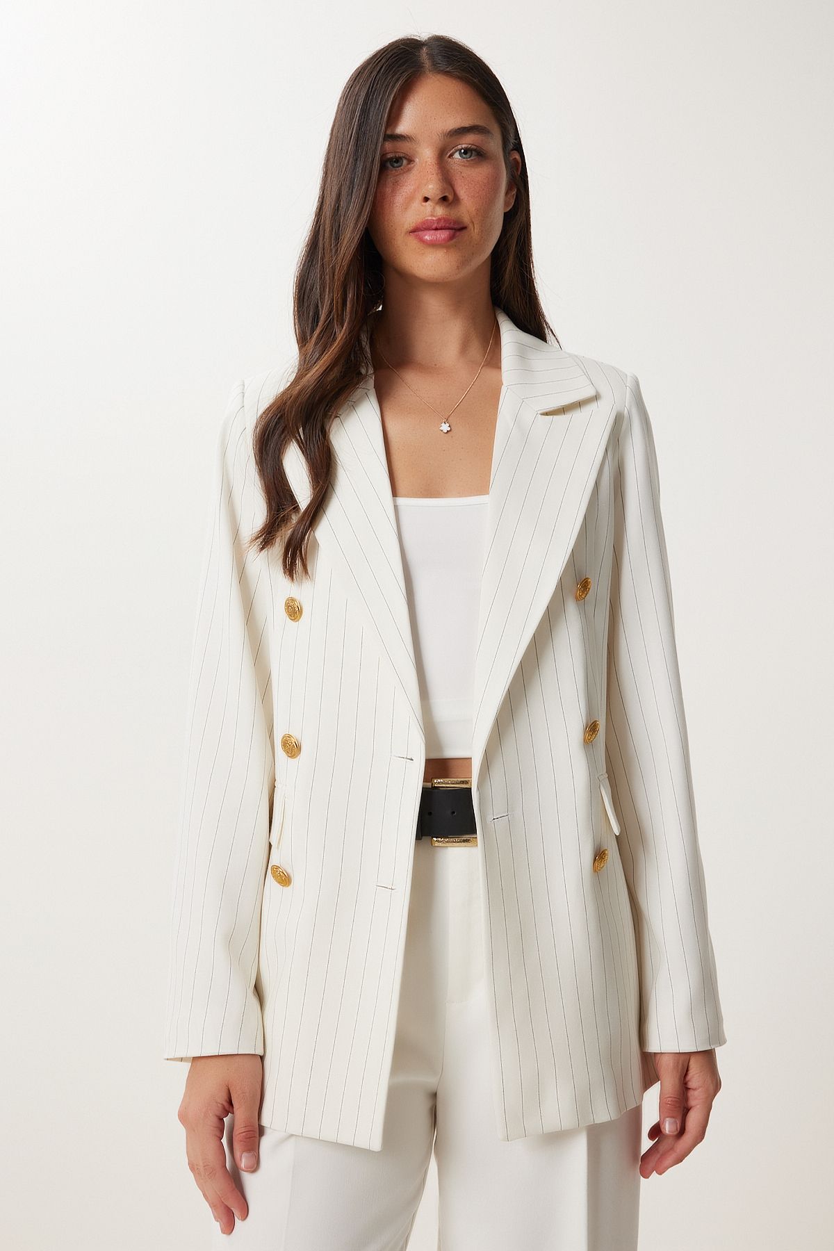 Ekru Vatkalı Çizgili Dokuma Blazer Ceket XL00002