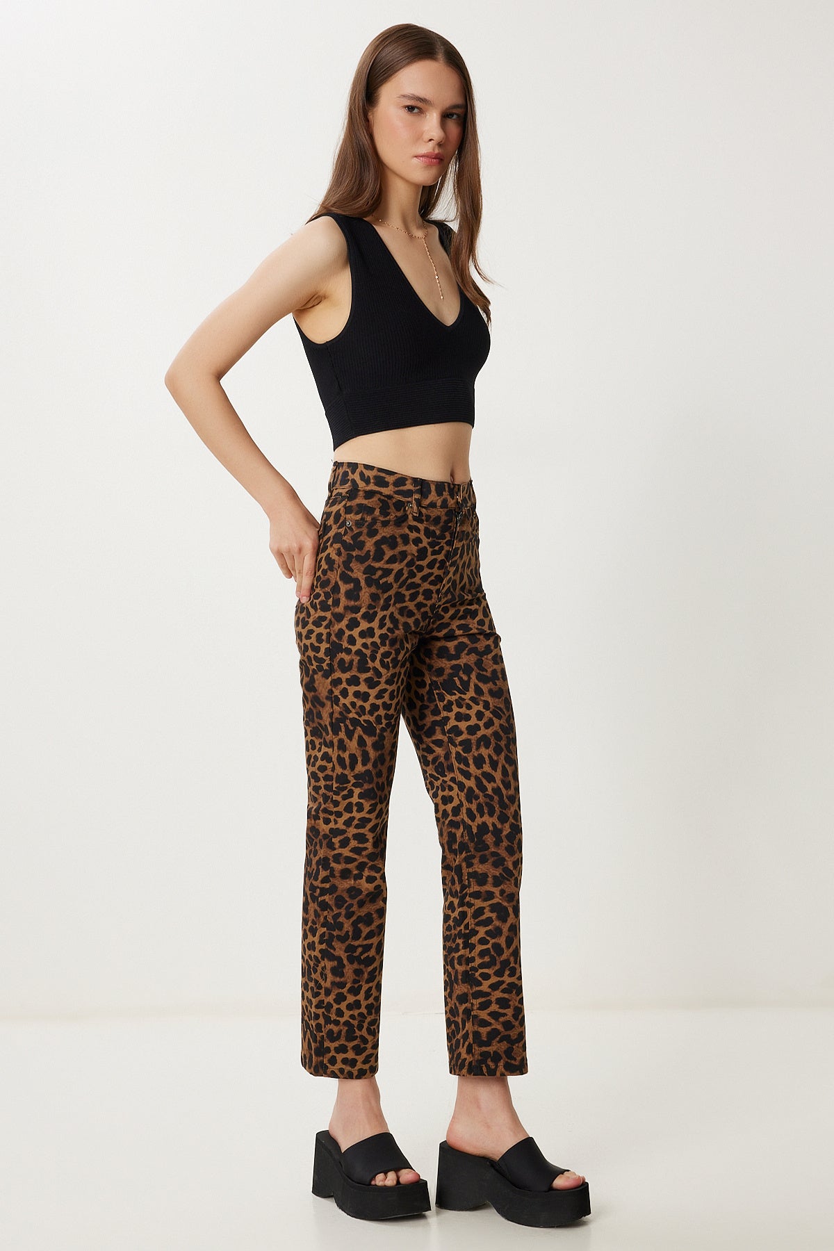 Siyah Bej Leopar Desenli Gabardin Pantolon WF00125
