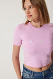 Pembe Fiyonk Detaylı Crop T-Shirt MC00279