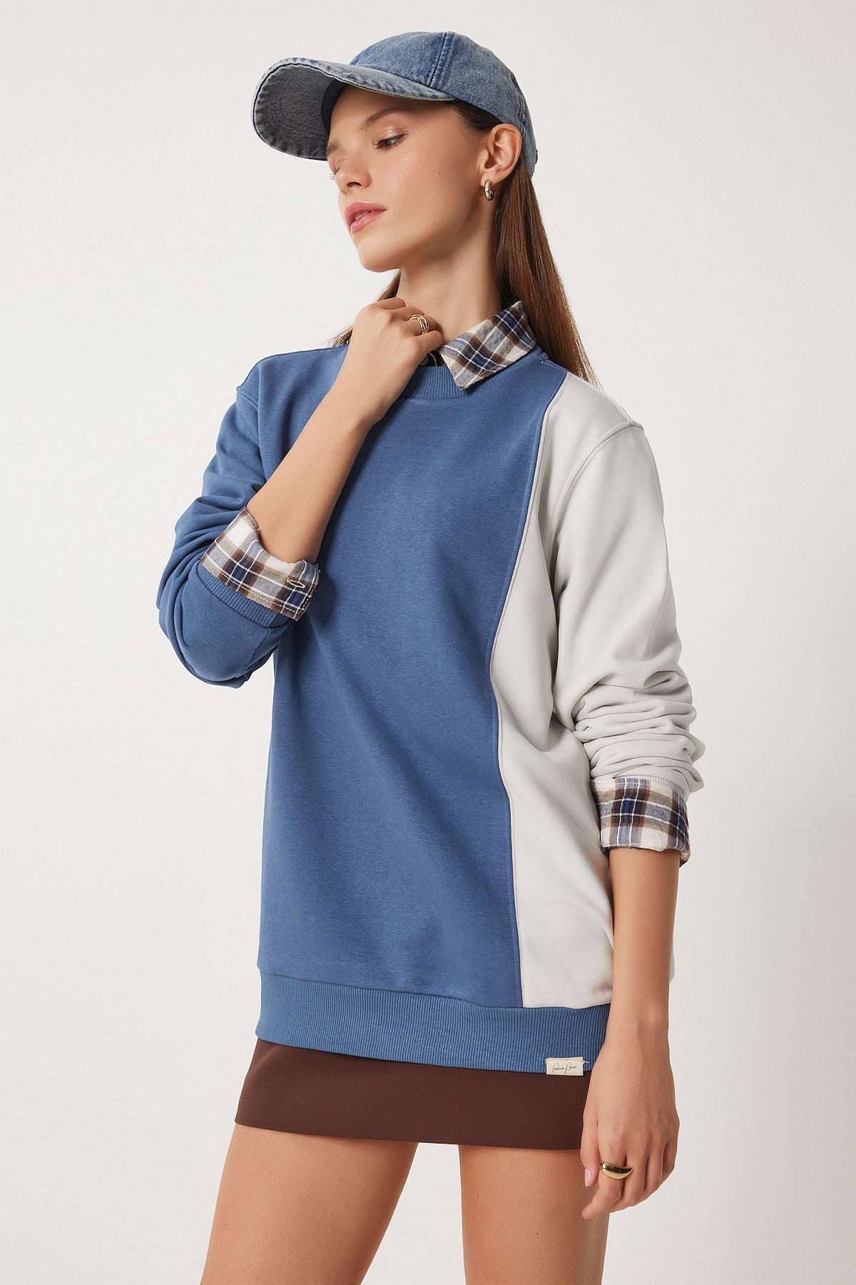 İndigo Mavi Blok Renkli Örme Sweatshirt VN00021