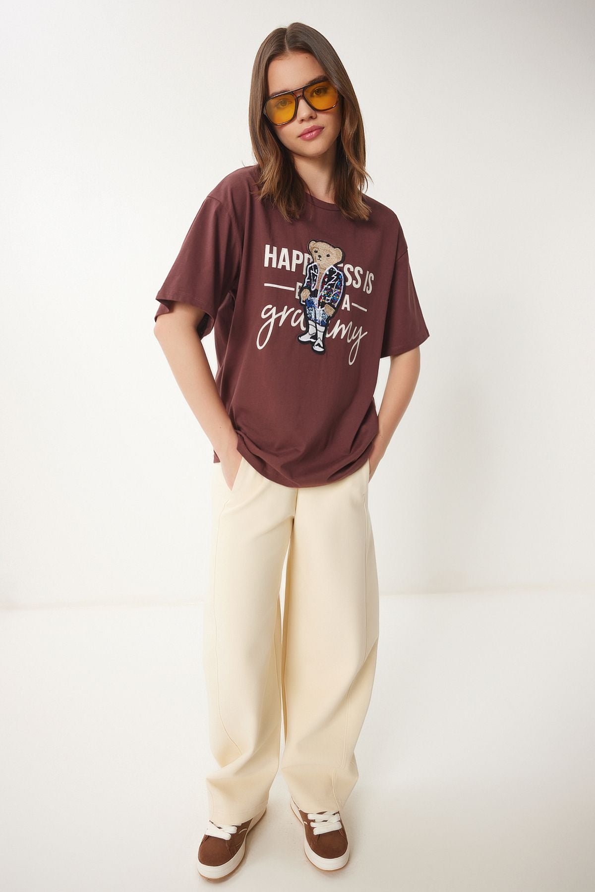 Kahverengi Ayıcık Armalı Pamuklu Oversize Örme T-Shirt CR00461