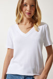 Beyaz V Yaka Modal Örme T-Shirt HW00009