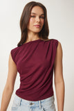 Bordo Büzgülü Örme Bluz ZV00283
