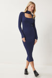 Lacivert Cut Out Detaylı Dik Yaka Fitilli Triko Elbise FN03388