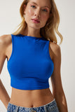 Mavi Halter Yaka Crop Örme Bluz OW00039