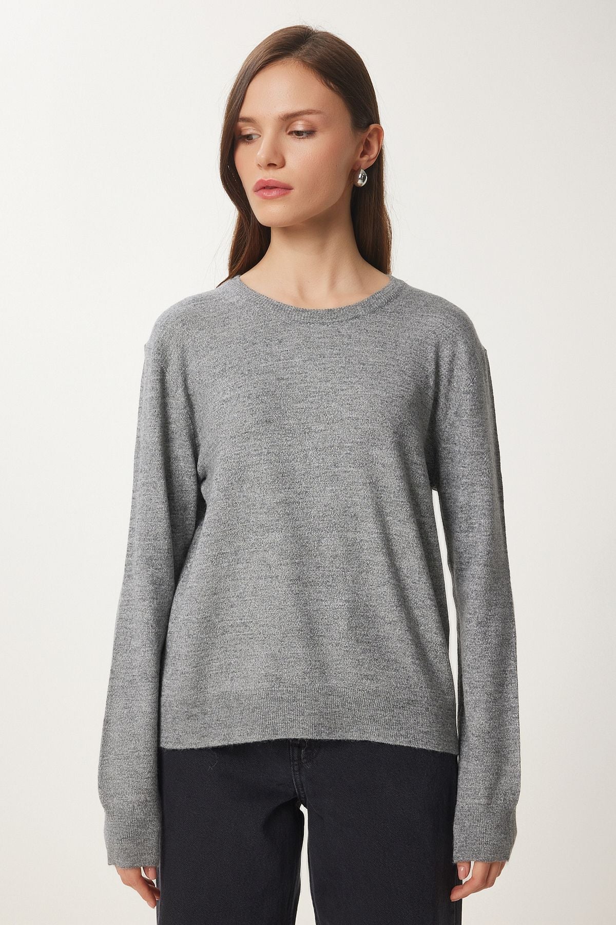 Gri Bisiklet Yaka Basic Triko Kazak US01004
