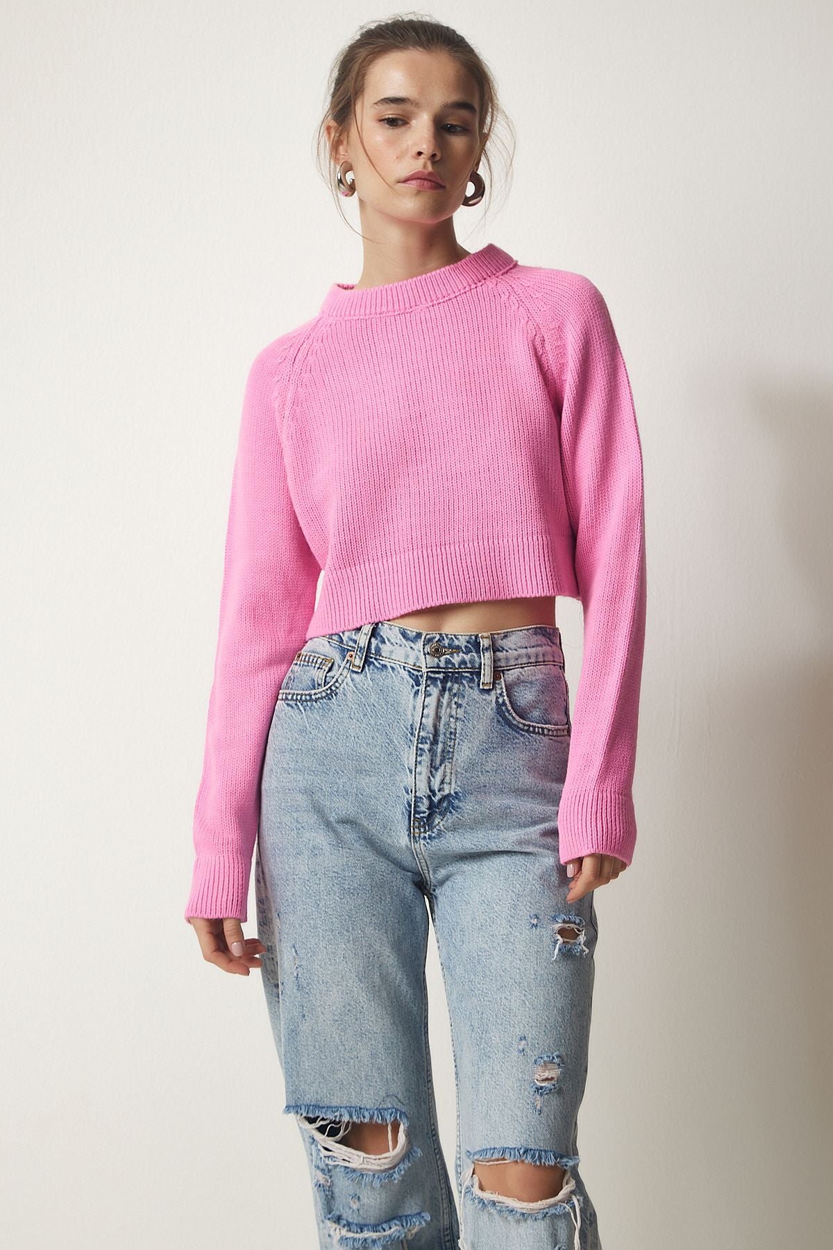 Pembe Bisiklet Yaka Crop Triko Kazak MC00240