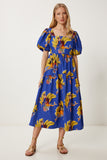 Mor Sarı Desenli Yazlık Midi Poplin Elbise FK00017