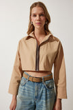 Kum Fermuarlı Poplin Crop Gömlek WF00067