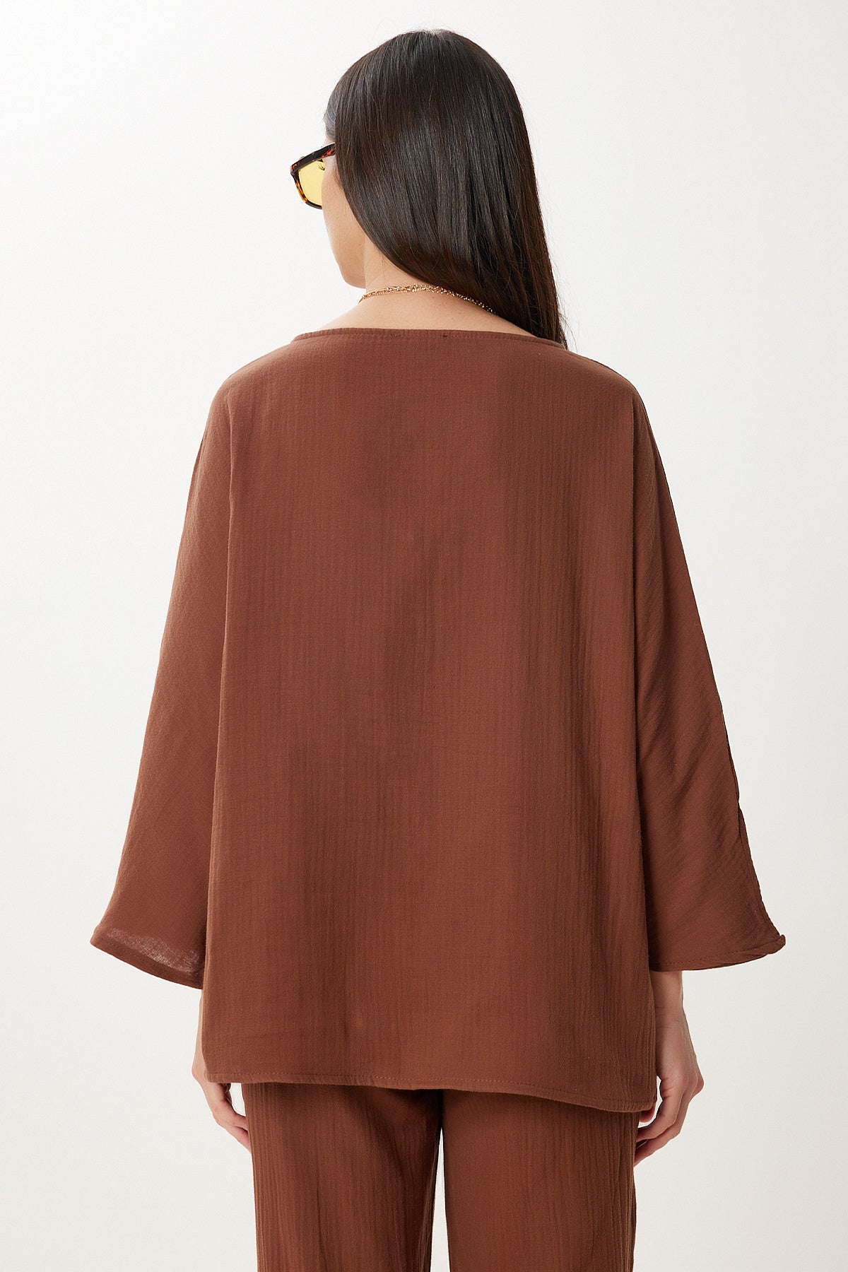 Kahverengi Müslin Bluz Pantolon Takım  FN03473