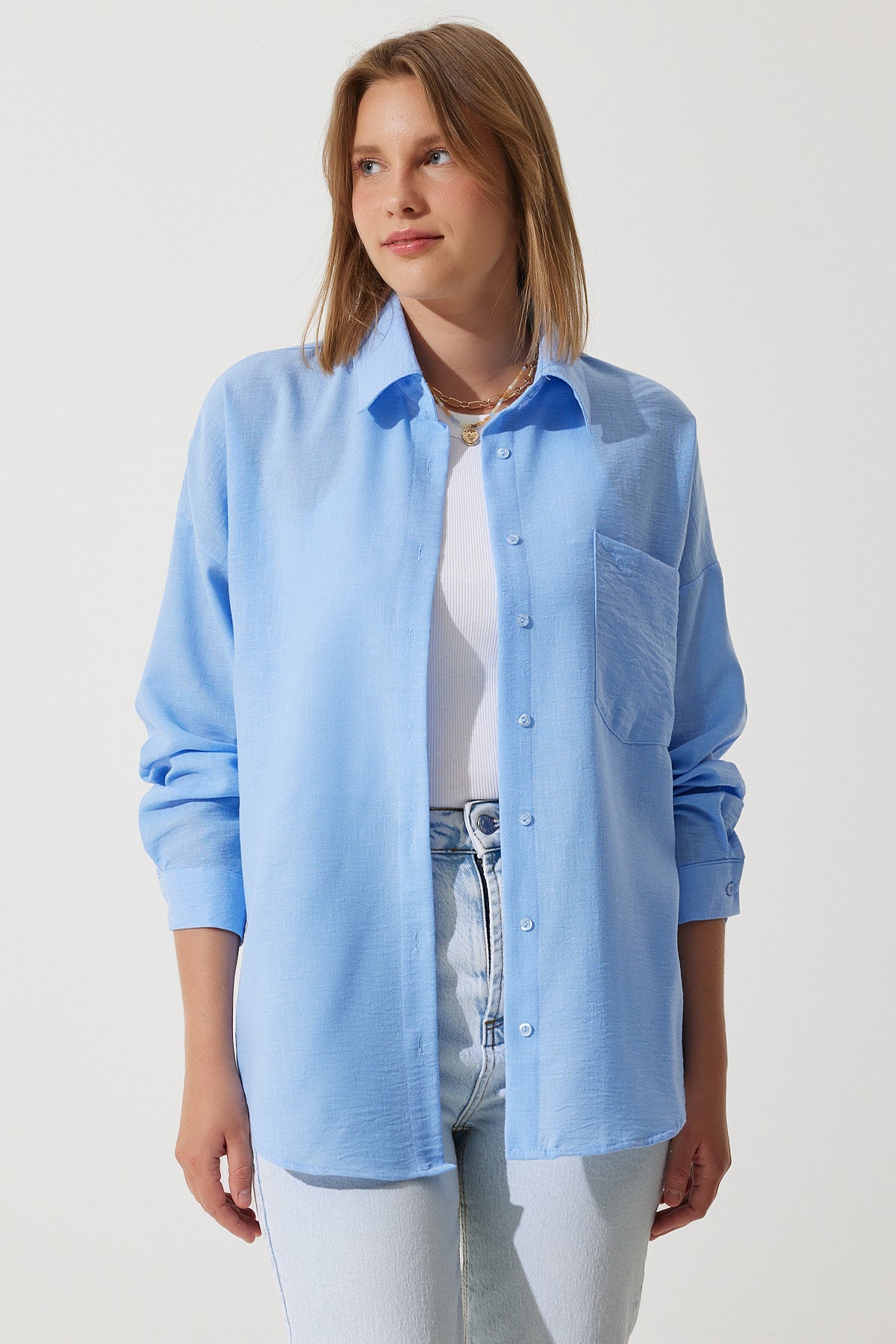 Gök Mavi Oversize Keten Ayrobin Gömlek DD01222