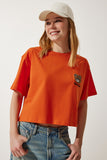 Oranj Ayıcık Armalı Crop Örme T-Shirt HF00456