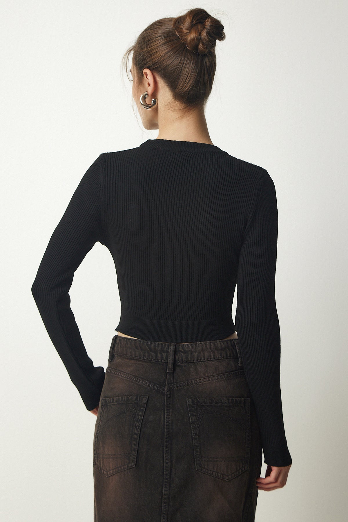 Siyah Fitilli Crop Triko Kazak PF00026