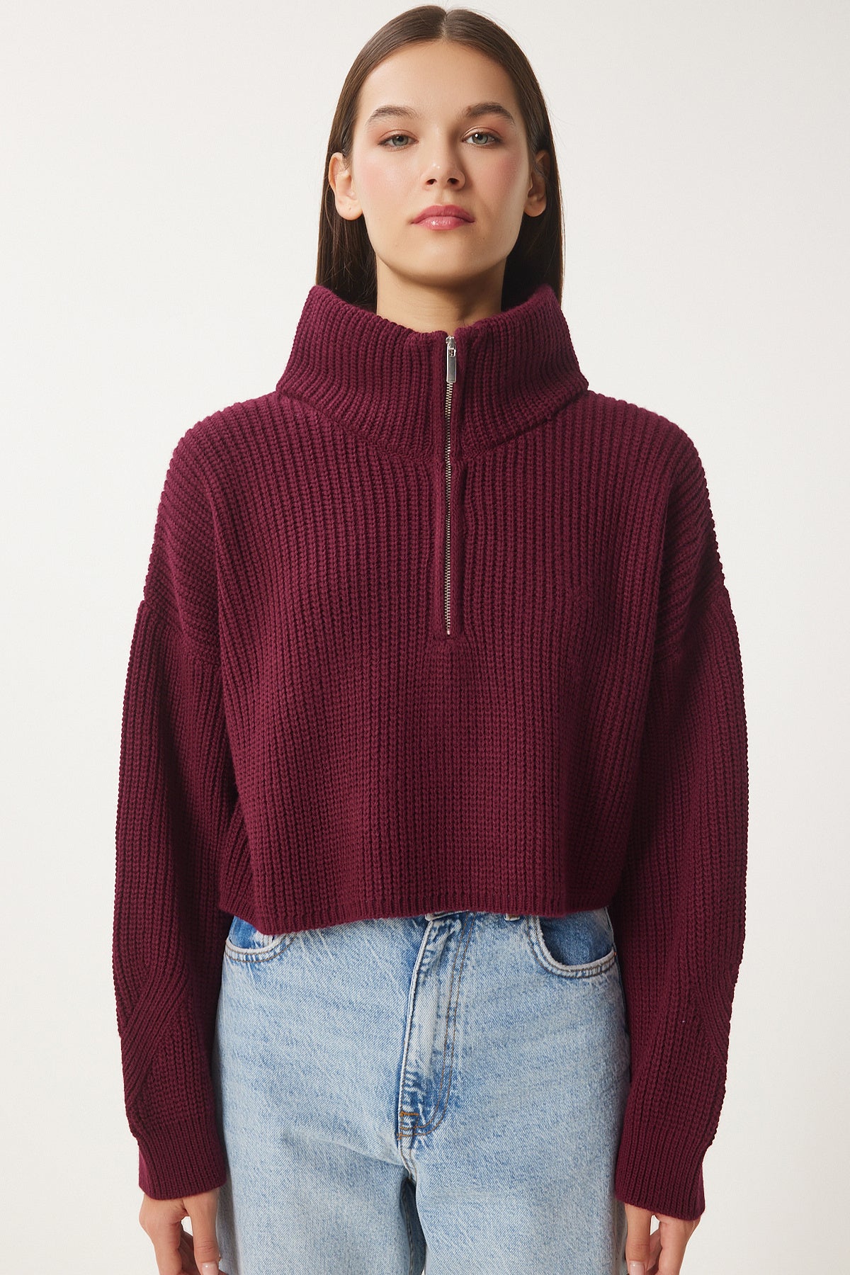 Bordo Fermuarlı Balıkçı Yaka Triko Kazak MX00124