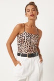 Siyah Bej Leopar Desenli İp Askılı Crop Örme Bluz AN00207