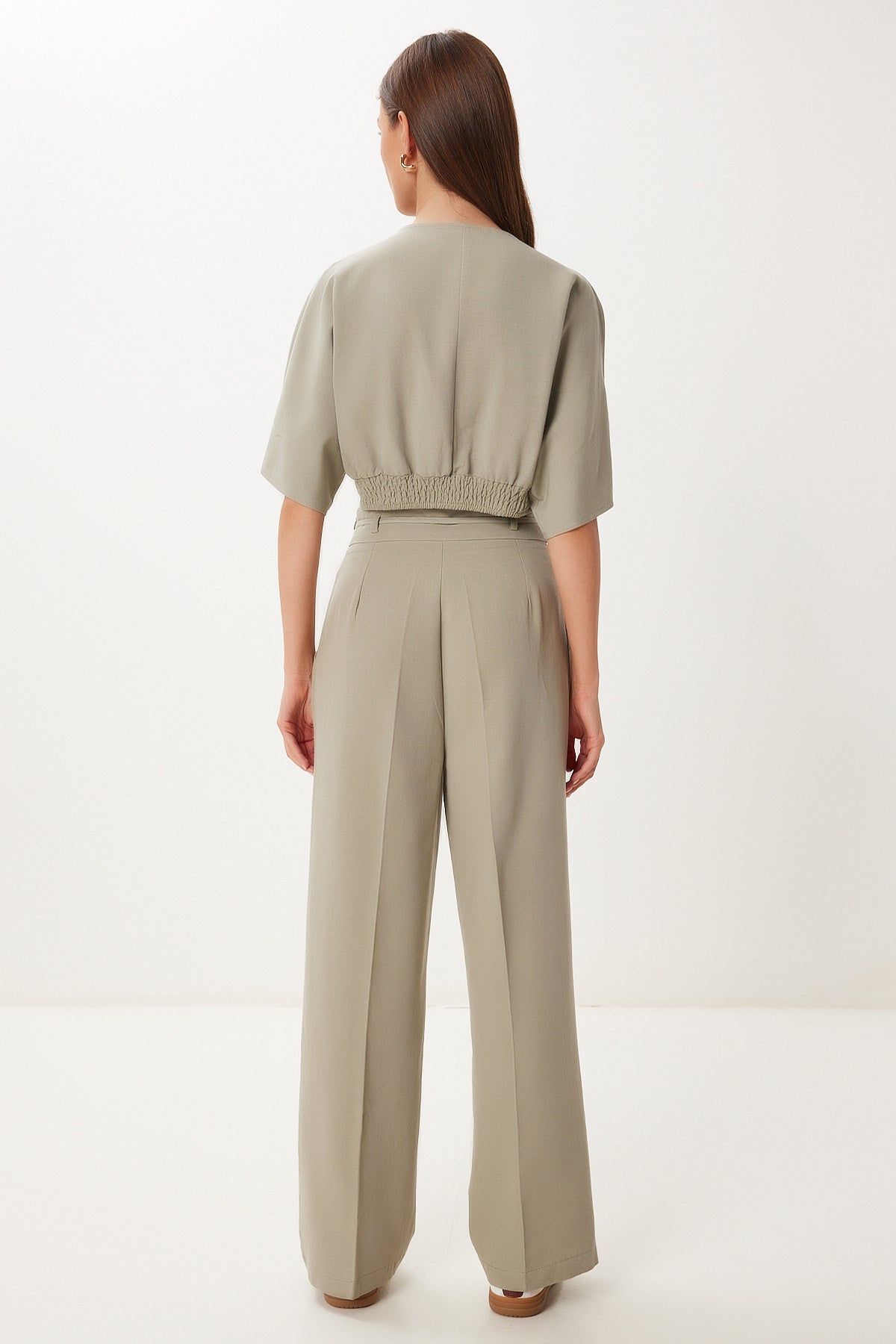 Çağla Yeşili Keten Crop Bluz Pantolon Takım BV00138