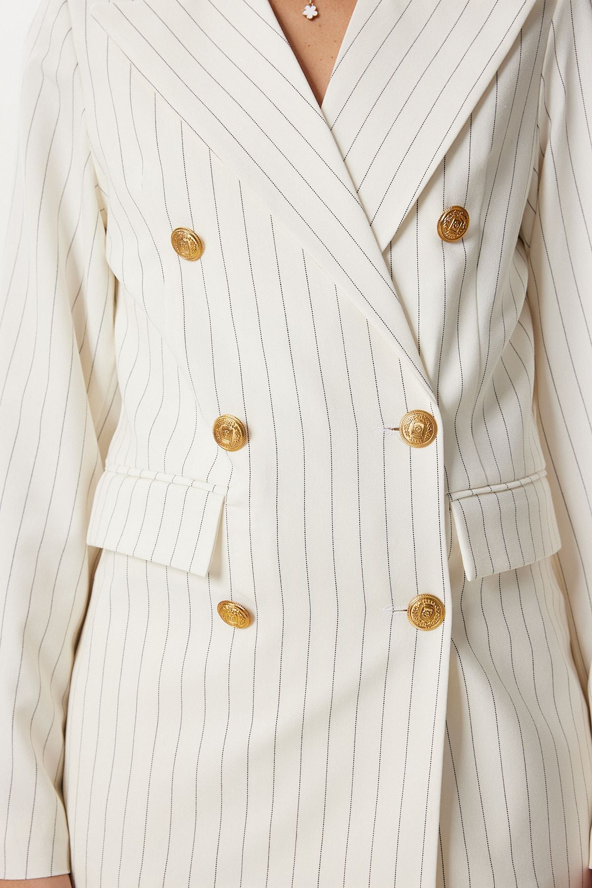 Ekru Vatkalı Çizgili Dokuma Blazer Ceket XL00002