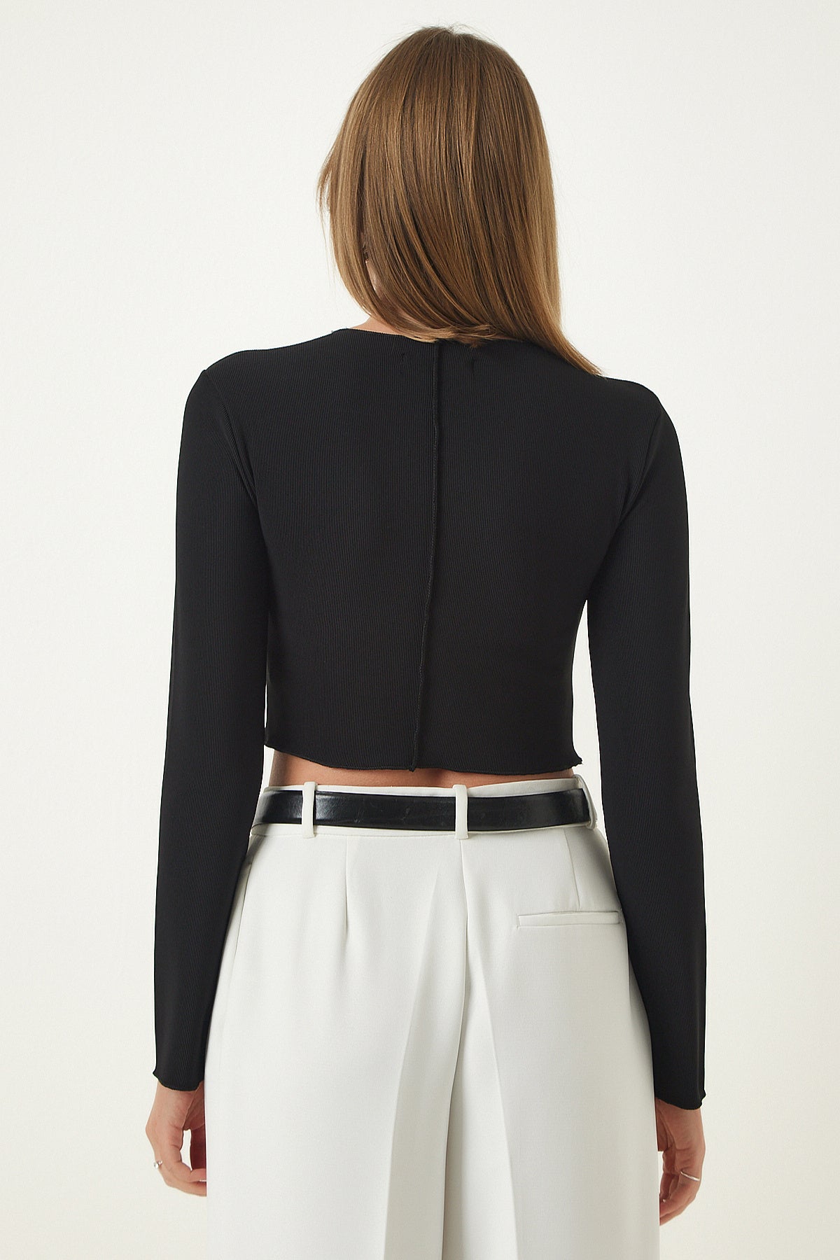 Siyah Biyeli Fitilli Crop Bluz SF00013