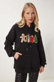Siyah Yılbaşı Temalı Kapüşonlu Şardonlu Örme Sweatshirt TQ00001